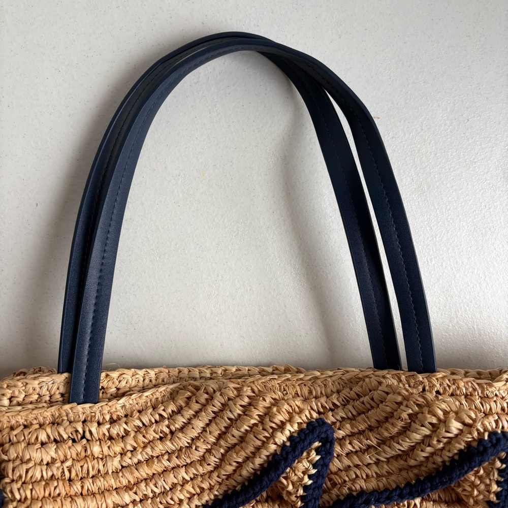 Mark & Graham Tan and Blue Raffia Ruffle Tote Bag NWOT Beach Pool Bag - Picture 8 of 13